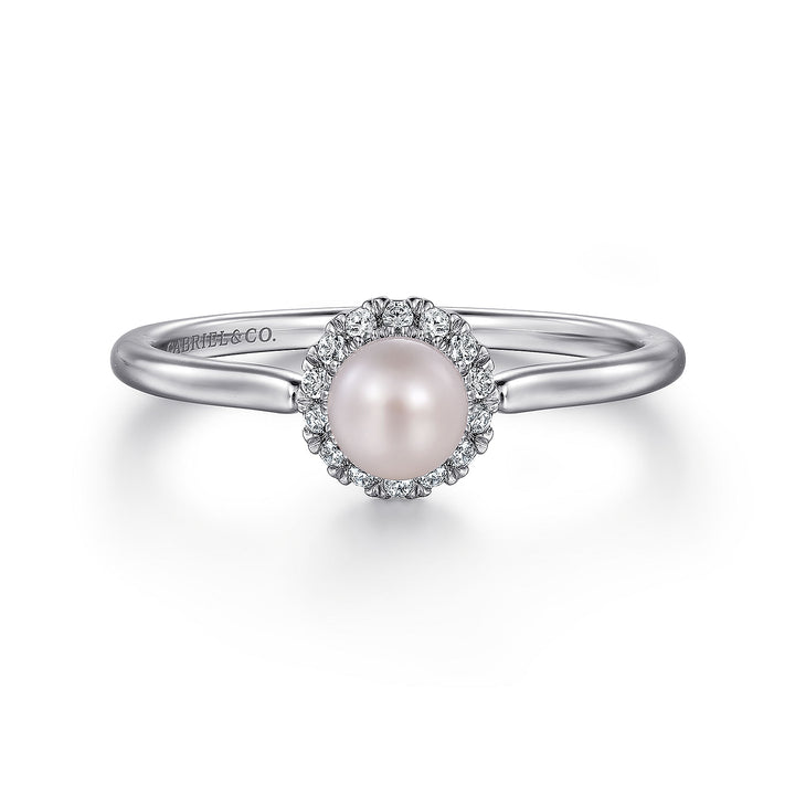 Gabriel & Co. LR52419W45PL 14K White Gold Pearl Ring with Diamond Halo