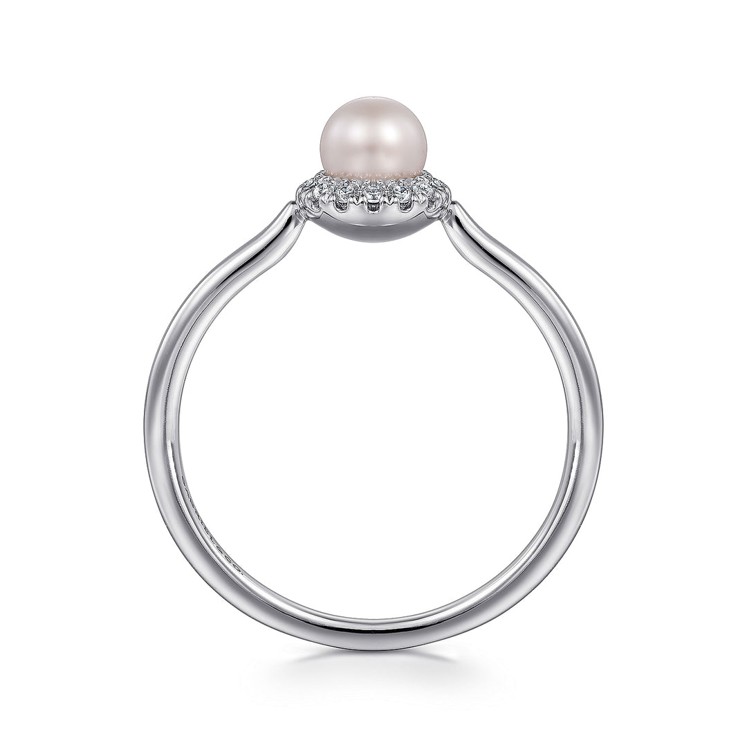 Gabriel & Co. LR52419W45PL 14K White Gold Pearl Ring with Diamond Halo