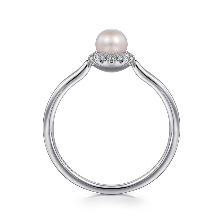 Gabriel & Co. LR52419W45PL 14K White Gold Pearl Ring with Diamond Halo
