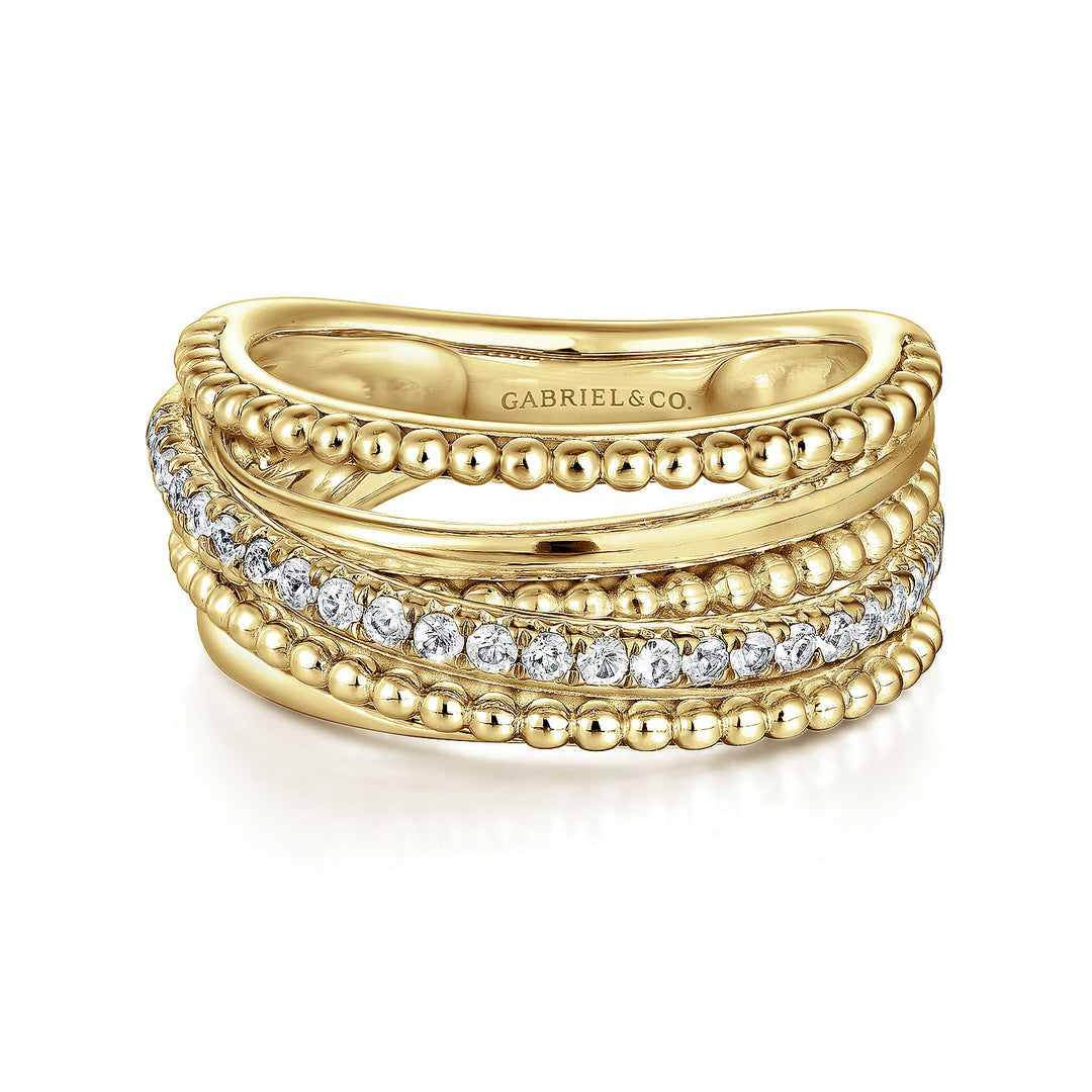 Gabriel & Co. LR5851Y45JJ 14K Yellow Gold Layered Bujukan Beaded Diamond Ring