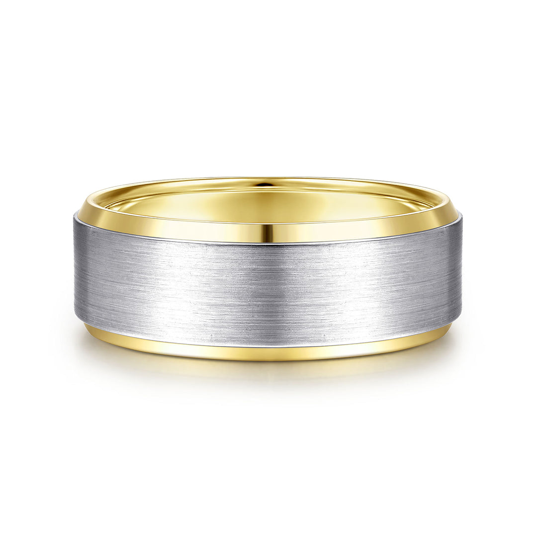 Gabriel & Co. MBH0120 80M4JJJ 14K White Yellow Gold 8mm Satin Beveled Edge Men's Wedding Band