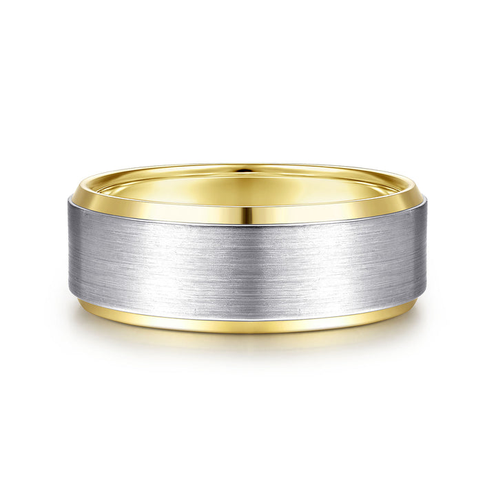 Gabriel & Co. MBH0120 80M4JJJ 14K White Yellow Gold 8mm Satin Beveled Edge Men's Wedding Band