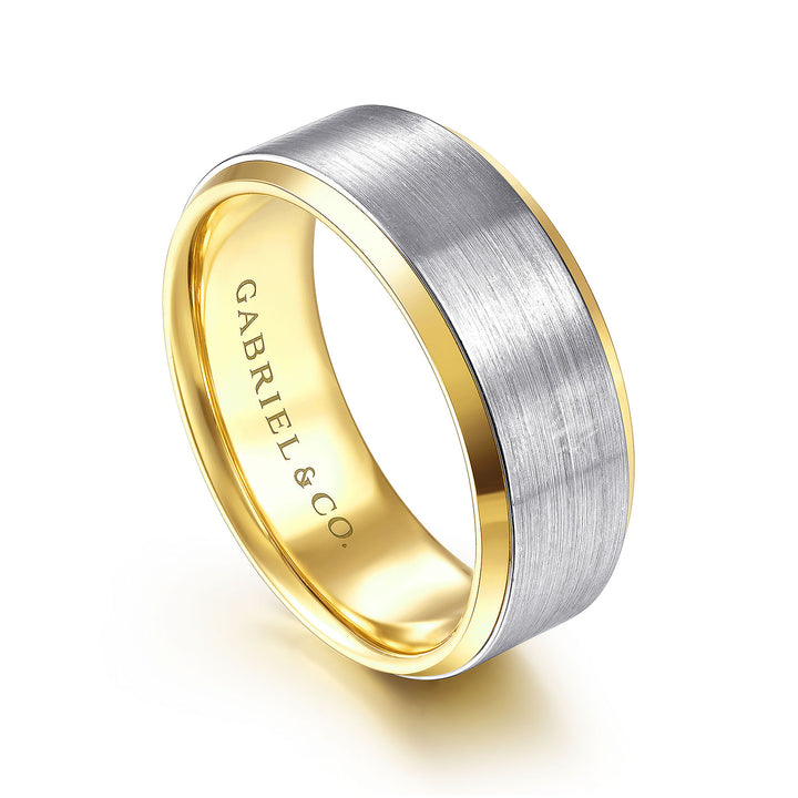 Gabriel & Co. MBH0120 80M4JJJ 14K White Yellow Gold 8mm Satin Beveled Edge Men's Wedding Band
