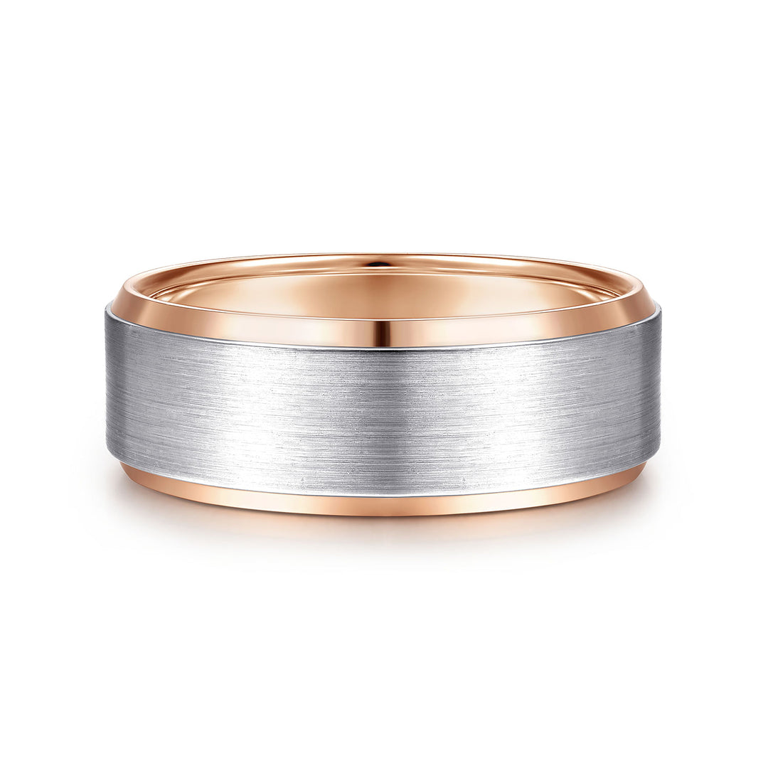 Gabriel & Co. MBH0120 80T4JJJ 14K White Rose Gold 8mm Satin Beveled Edge Men's Wedding Band