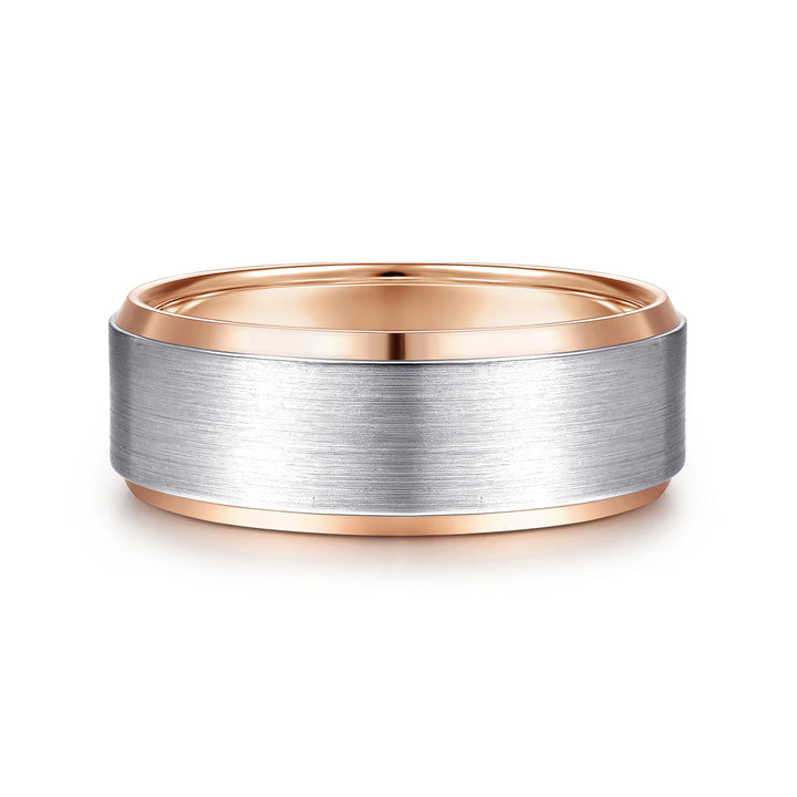 Gabriel & Co. MBH0120 80T4JJJ 14K White Rose Gold 8mm Satin Beveled Edge Men's Wedding Band