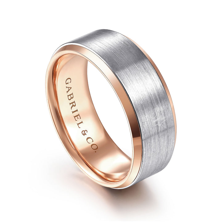 Gabriel & Co. MBH0120 80T4JJJ 14K White Rose Gold 8mm Satin Beveled Edge Men's Wedding Band