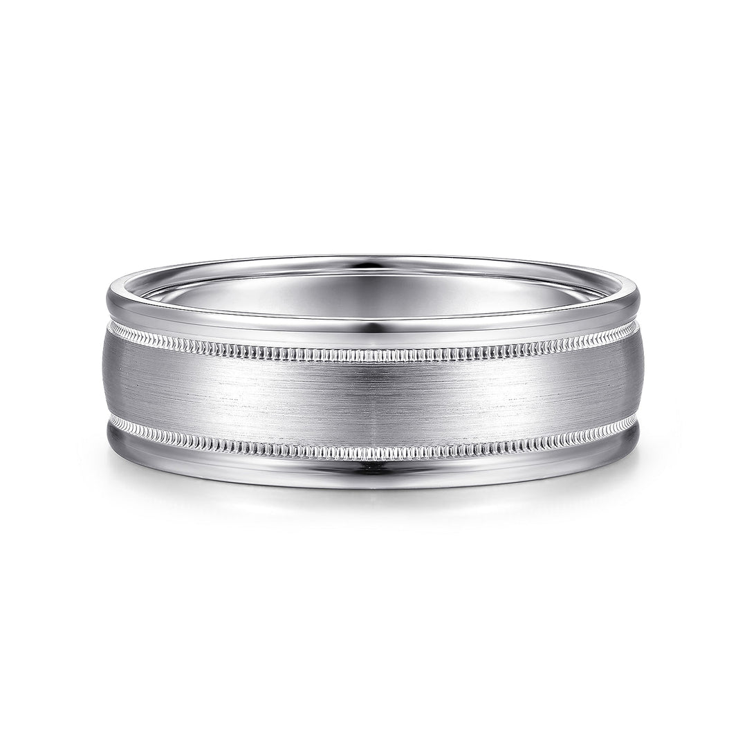 Gabriel & Co. MBH0133 70W4JJJ 14K White Gold 7mm   Satin Milgrain Channel Polished Edge Men's Wedding Band