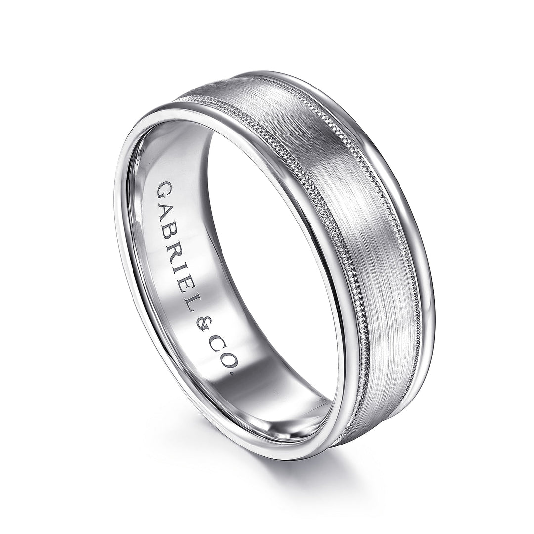 Gabriel & Co. MBH0133 70W4JJJ 14K White Gold 7mm   Satin Milgrain Channel Polished Edge Men's Wedding Band