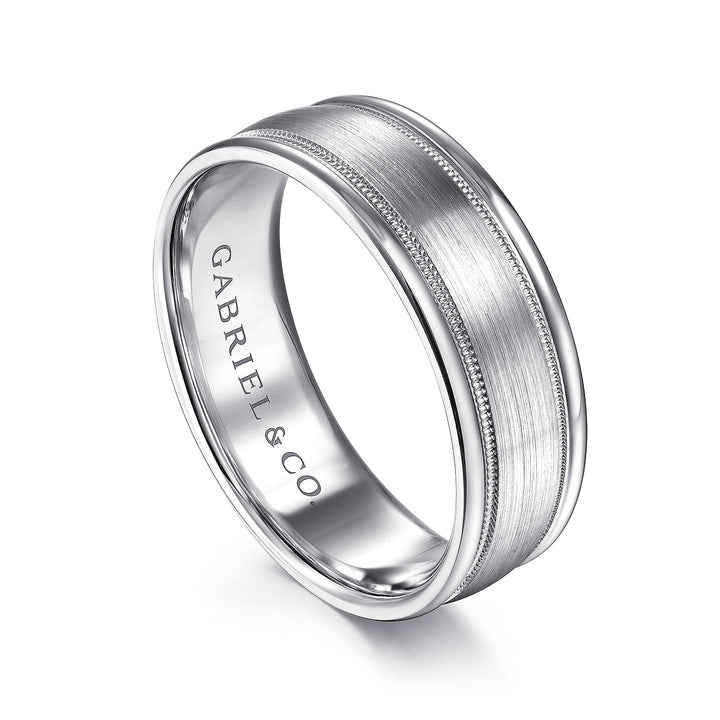 Gabriel & Co. MBH0133 70W4JJJ 14K White Gold 7mm   Satin Milgrain Channel Polished Edge Men's Wedding Band