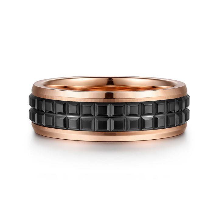 Gabriel & Co. MBH0171 70K4JCB 14K Rose Gold Black Ceramic 7mm   Center Cubes and Beveled Edge Men's Wedding Band