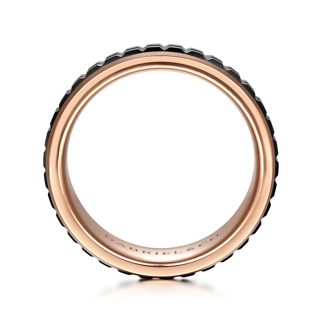 Gabriel & Co. MBH0171 70K4JCB 14K Rose Gold Black Ceramic 7mm   Center Cubes and Beveled Edge Men's Wedding Band