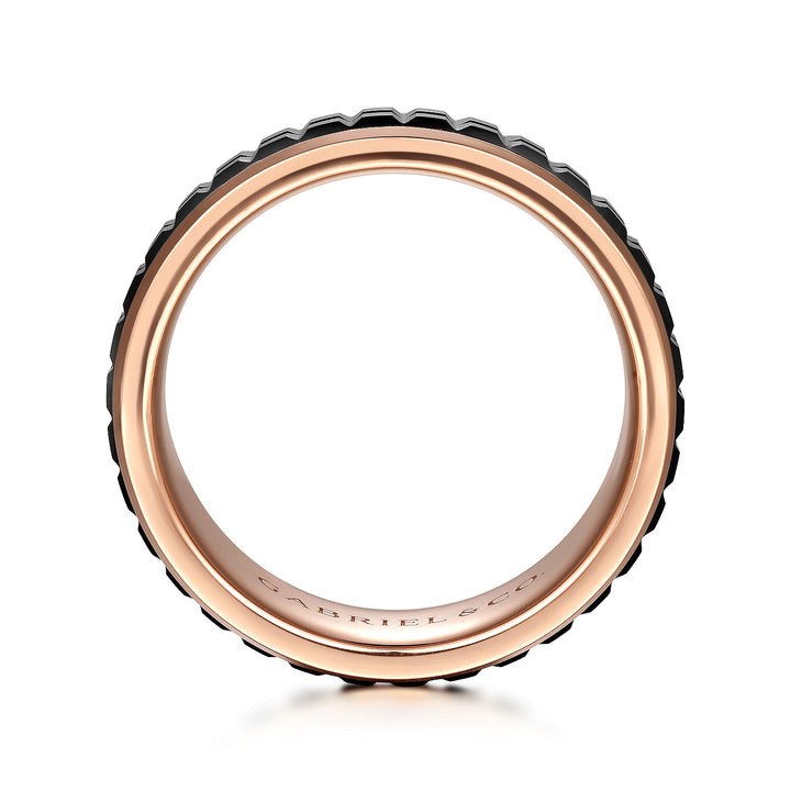 Gabriel & Co. MBH0171 70K4JCB 14K Rose Gold Black Ceramic 7mm   Center Cubes and Beveled Edge Men's Wedding Band
