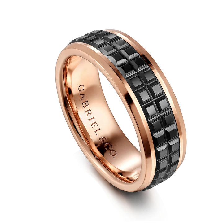 Gabriel & Co. MBH0171 70K4JCB 14K Rose Gold Black Ceramic 7mm   Center Cubes and Beveled Edge Men's Wedding Band