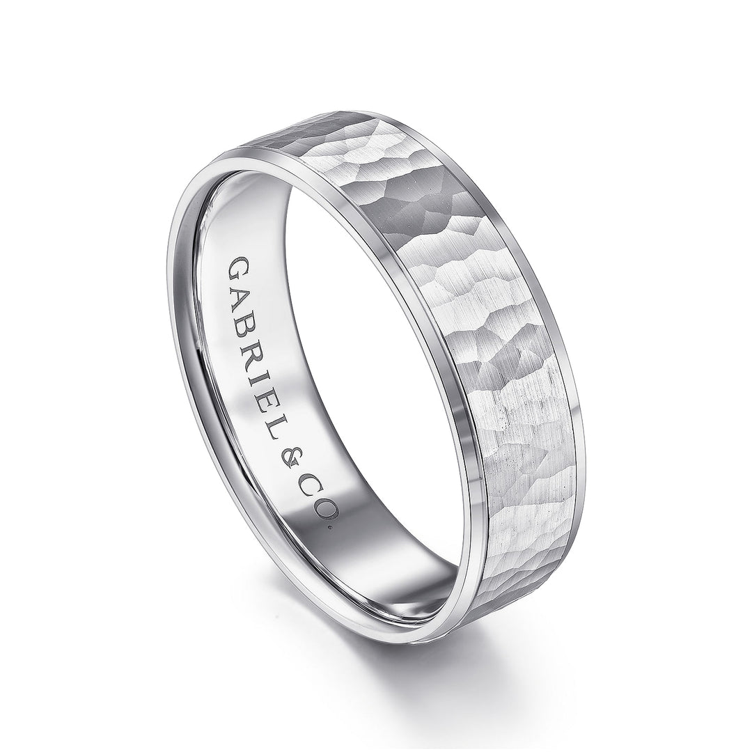 Gabriel & Co. MBL0146 60W4JJJ 14K White Gold 6mm   Hammered Center and Polished Edge Men's Wedding Band