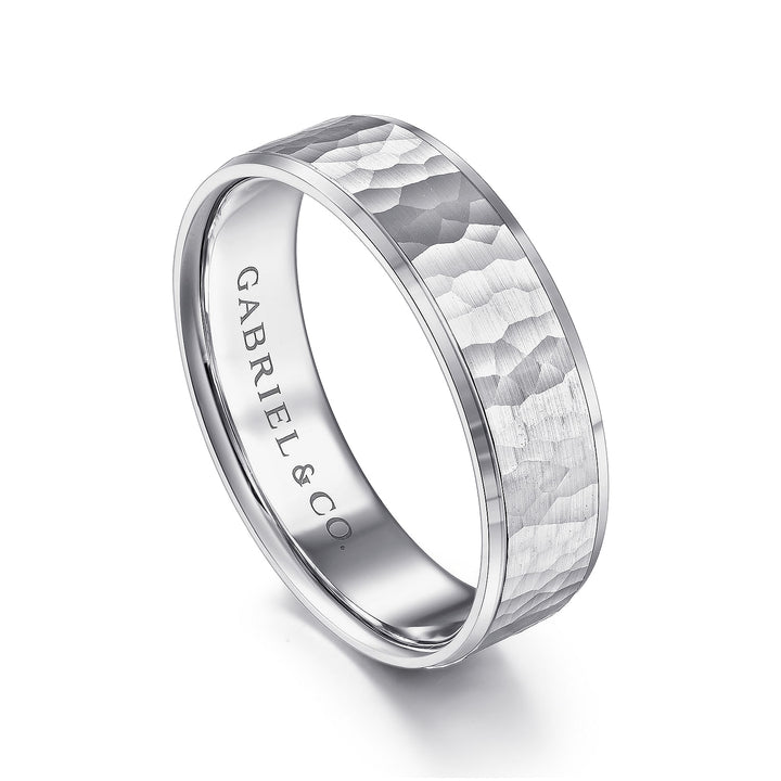 Gabriel & Co. MBL0146 60W4JJJ 14K White Gold 6mm   Hammered Center and Polished Edge Men's Wedding Band