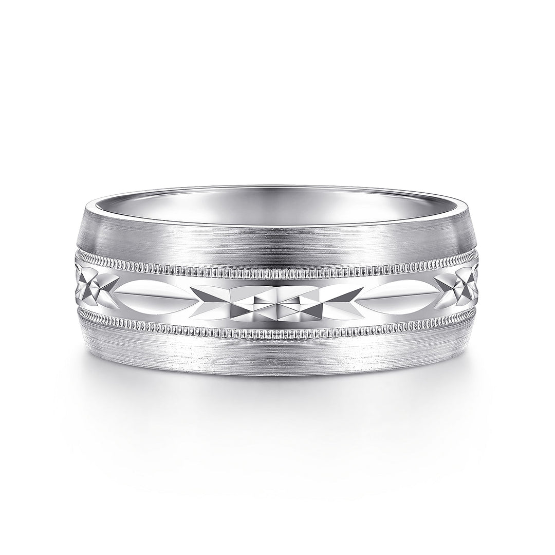 Gabriel & Co. MBM0103 80W4JJJ 14K White Gold 8mm   Engraved Center Pattern, Milgrain Channel Men's Wedding Band