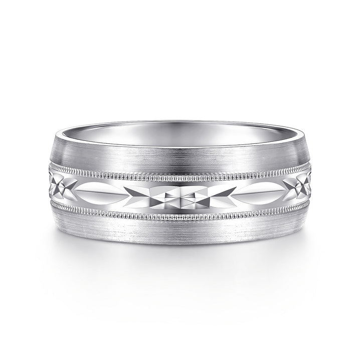 Gabriel & Co. MBM0103 80W4JJJ 14K White Gold 8mm   Engraved Center Pattern, Milgrain Channel Men's Wedding Band