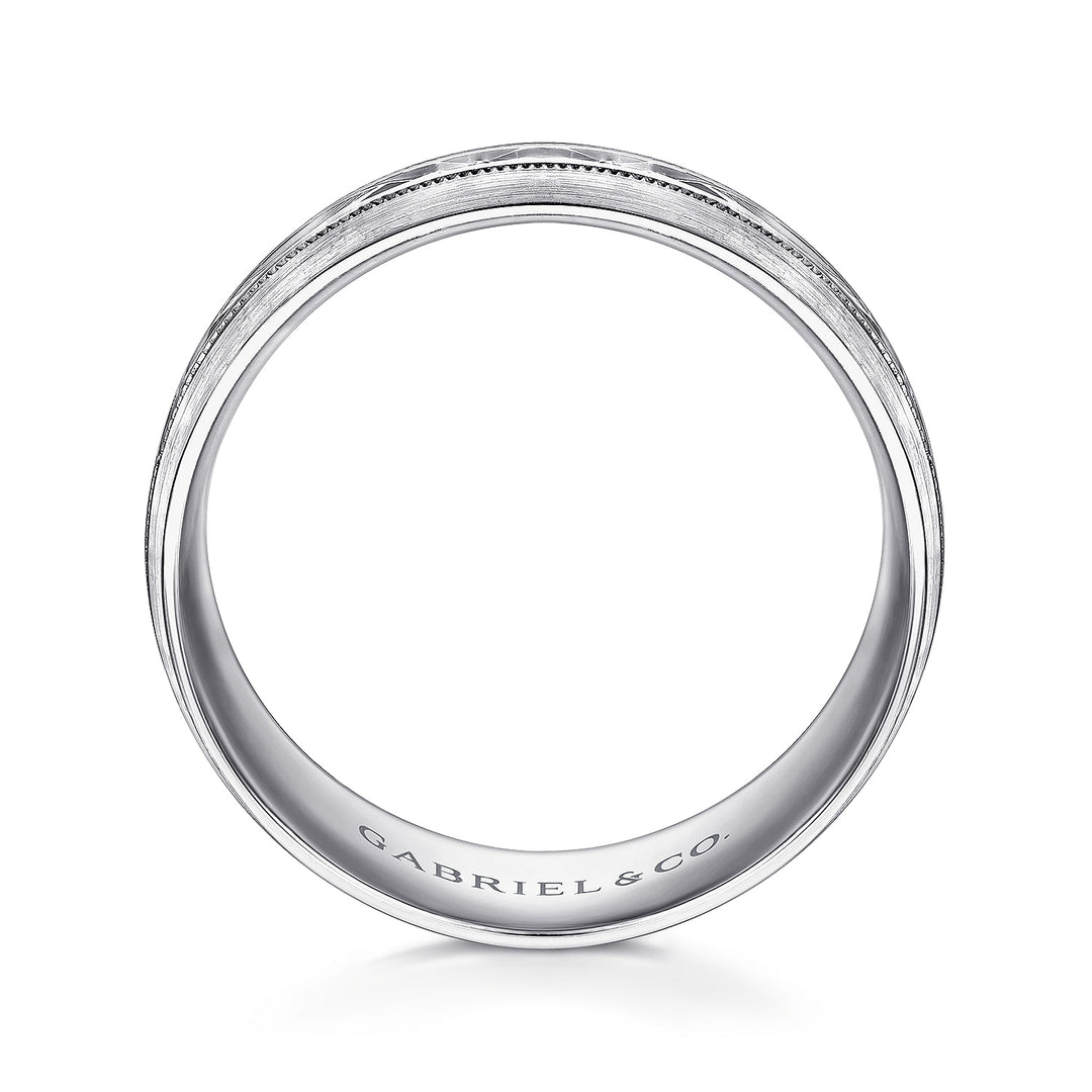 Gabriel & Co. MBM0103 80W4JJJ 14K White Gold 8mm   Engraved Center Pattern, Milgrain Channel Men's Wedding Band