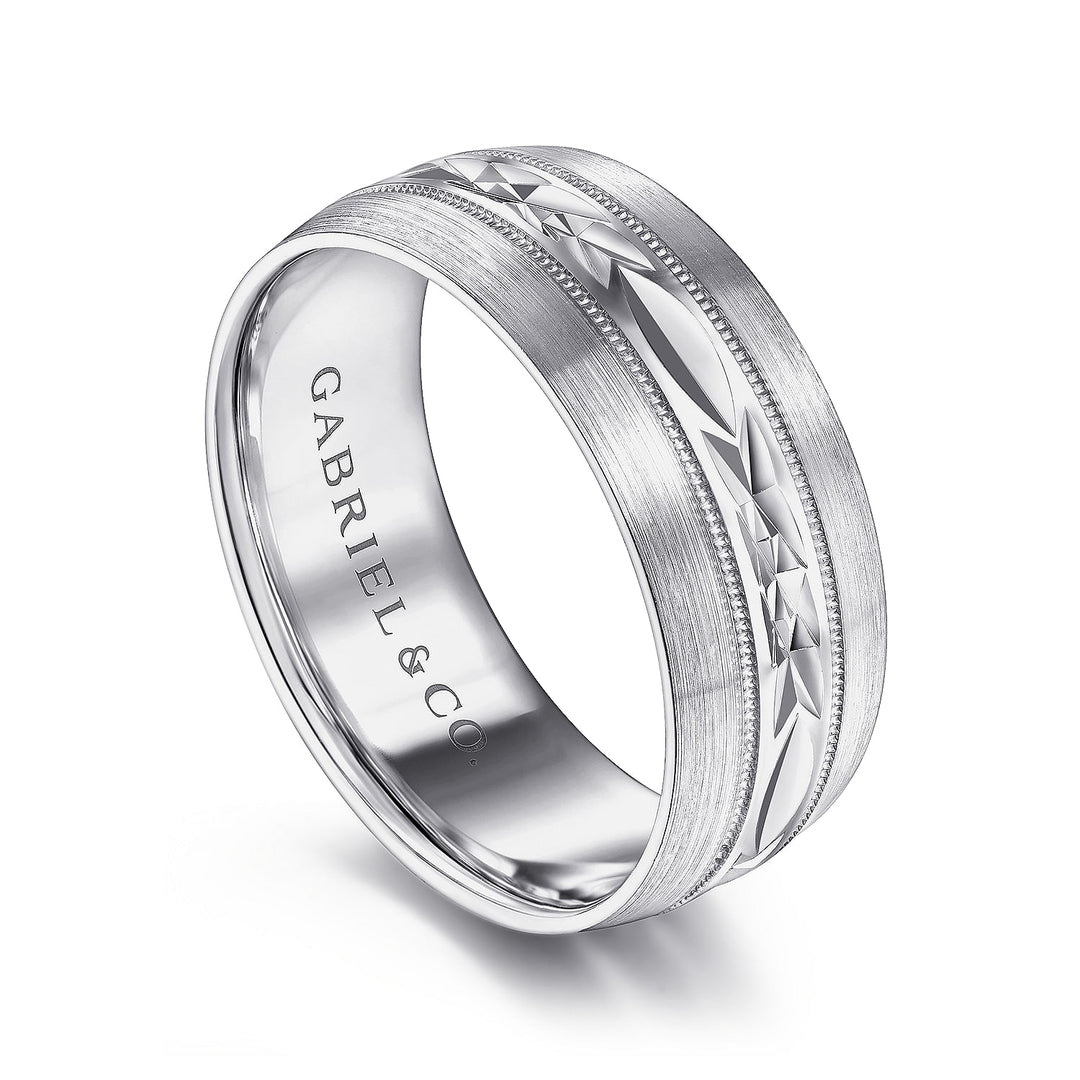 Gabriel & Co. MBM0103 80W4JJJ 14K White Gold 8mm   Engraved Center Pattern, Milgrain Channel Men's Wedding Band
