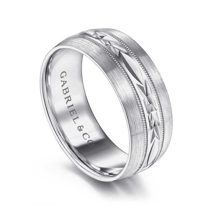 Gabriel & Co. MBM0103 80W4JJJ 14K White Gold 8mm   Engraved Center Pattern, Milgrain Channel Men's Wedding Band