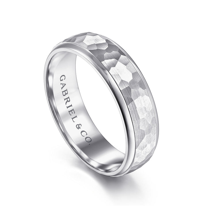 Gabriel & Co. MBM0112 60W4JJJ 14K White Gold 6mm    Hammered Center and Polished Edge Men's Wedding Band