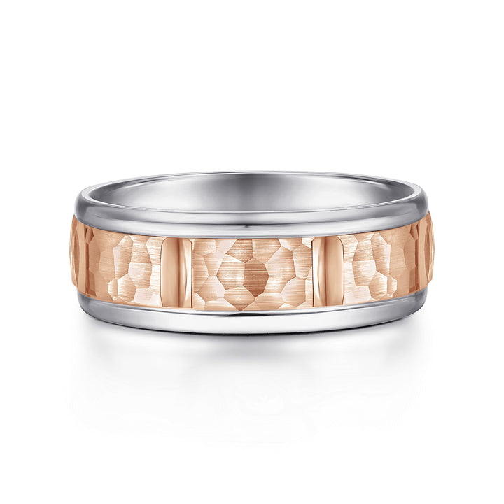 Gabriel & Co. MBM0116 70T4JJJ 14K White Rose Gold 7mm   Hammered Center and Rounded Edge Men's Wedding Band