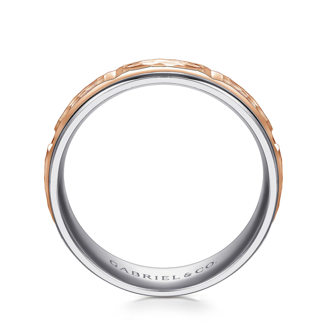 Gabriel & Co. MBM0116 70T4JJJ 14K White Rose Gold 7mm   Hammered Center and Rounded Edge Men's Wedding Band