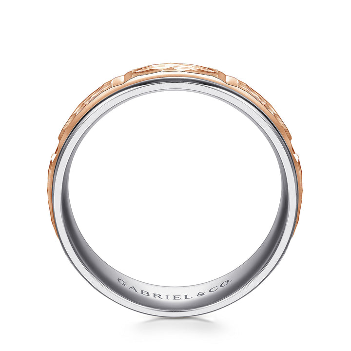 Gabriel & Co. MBM0116 70T4JJJ 14K White Rose Gold 7mm   Hammered Center and Rounded Edge Men's Wedding Band