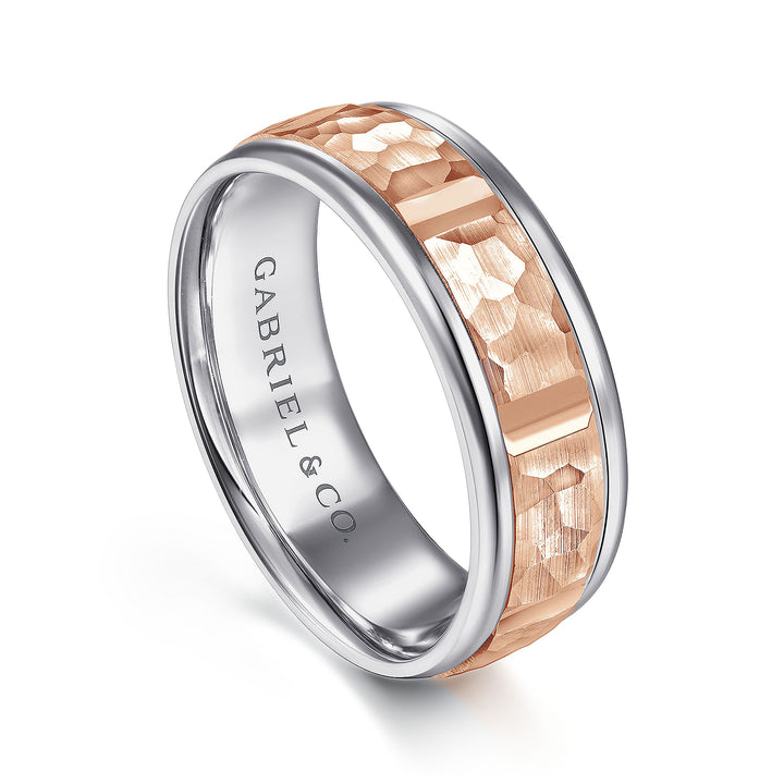 Gabriel & Co. MBM0116 70T4JJJ 14K White Rose Gold 7mm   Hammered Center and Rounded Edge Men's Wedding Band