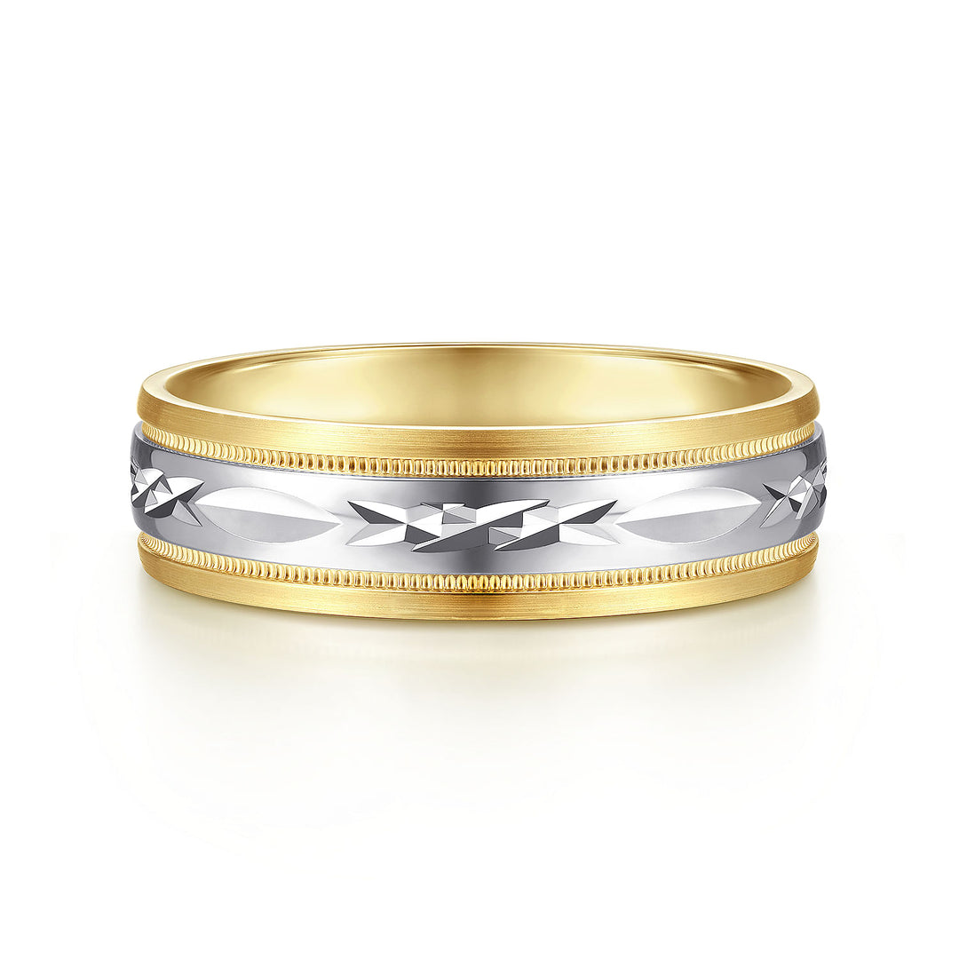 Gabriel & Co. MBM0119 60M4JJJ 14K White Yellow 6mm   Engraved Center and Millgrain Channel Men's Wedding Band