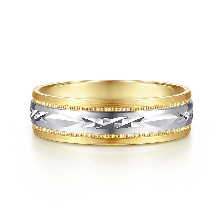 Gabriel & Co. MBM0119 60M4JJJ 14K White Yellow 6mm   Engraved Center and Millgrain Channel Men's Wedding Band