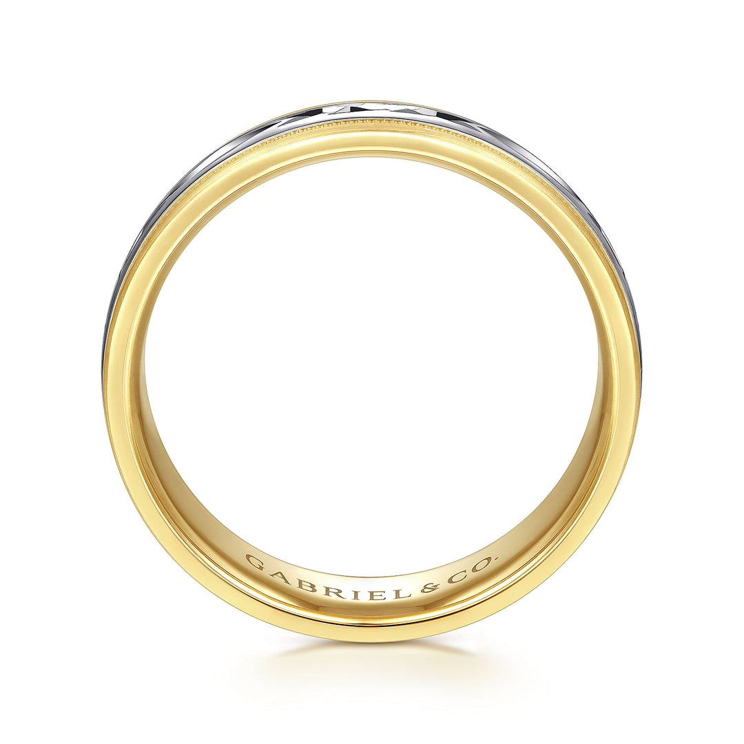 Gabriel & Co. MBM0119 60M4JJJ 14K White Yellow 6mm   Engraved Center and Millgrain Channel Men's Wedding Band