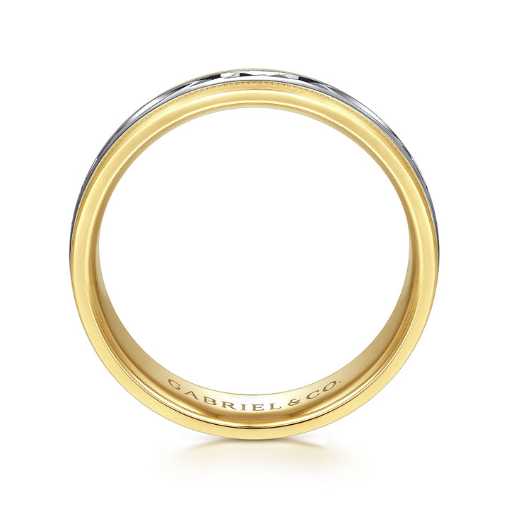 Gabriel & Co. MBM0119 60M4JJJ 14K White Yellow 6mm   Engraved Center and Millgrain Channel Men's Wedding Band