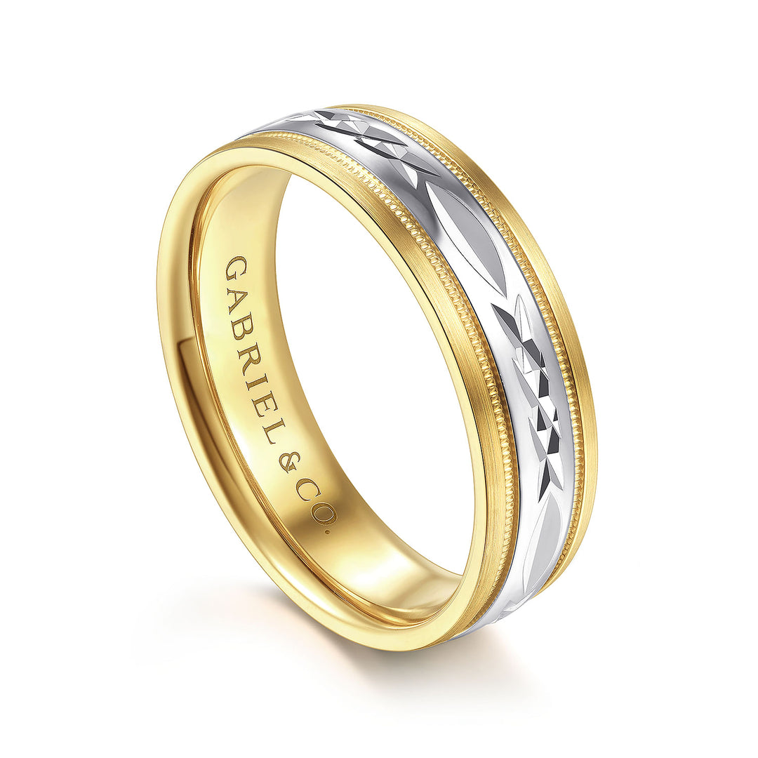 Gabriel & Co. MBM0119 60M4JJJ 14K White Yellow 6mm   Engraved Center and Millgrain Channel Men's Wedding Band