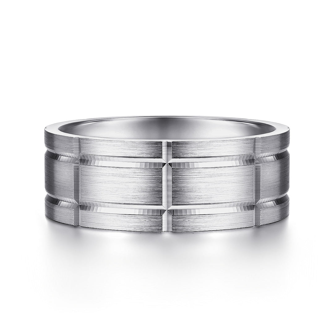 Gabriel & Co. MBM0142 80W4JJJ 14K White Gold 8mm   Grooved Elongated Checkered Pattern Men's Wedding Band