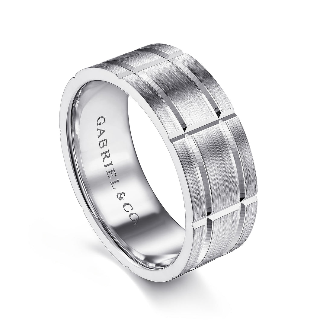 Gabriel & Co. MBM0142 80W4JJJ 14K White Gold 8mm   Grooved Elongated Checkered Pattern Men's Wedding Band