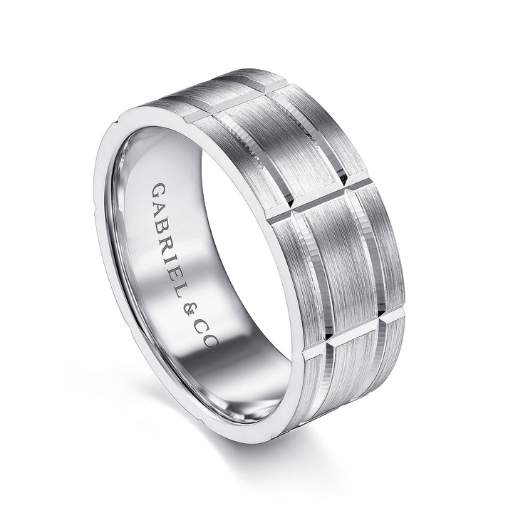 Gabriel & Co. MBM0142 80W4JJJ 14K White Gold 8mm   Grooved Elongated Checkered Pattern Men's Wedding Band
