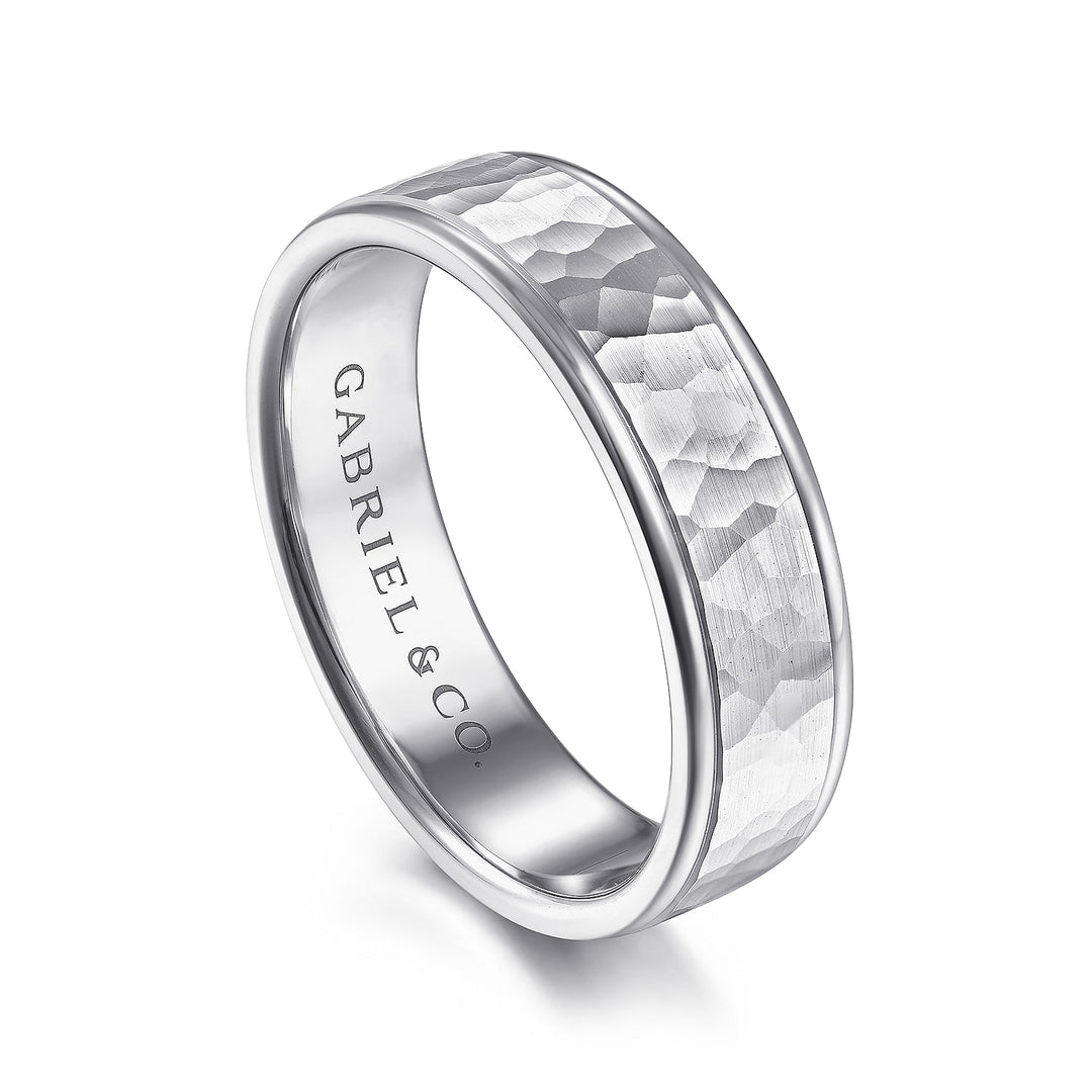 Gabriel & Co. MBM0157 60W4JJJ 14K White Gold 6mm   Hammered Center, Polished Edge Men's Wedding Band
