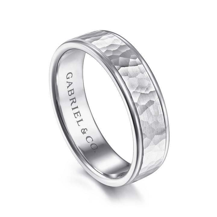 Gabriel & Co. MBM0157 60W4JJJ 14K White Gold 6mm   Hammered Center, Polished Edge Men's Wedding Band
