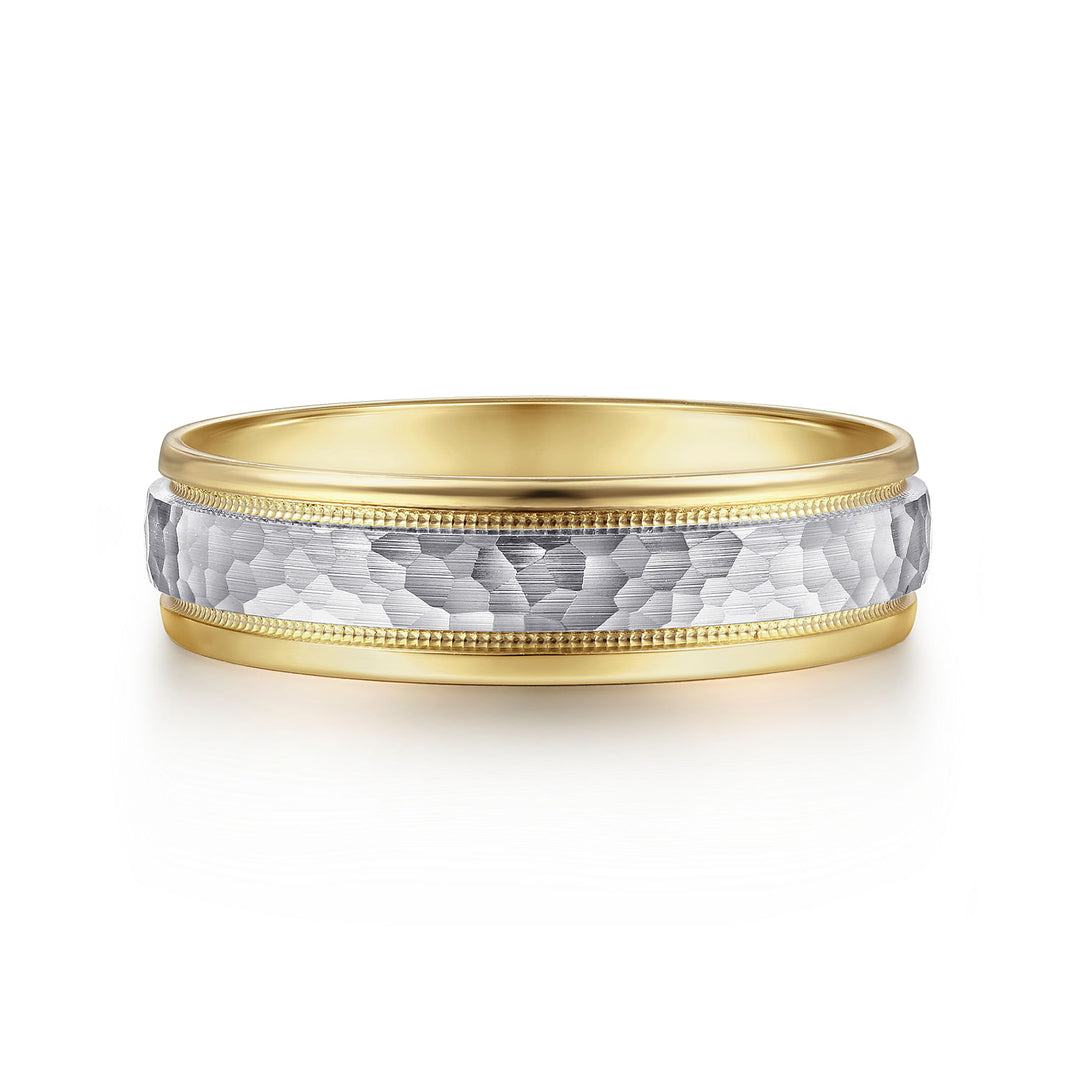 Gabriel & Co. MBM0176 60M4JJJ 14K White Yellow Gold 6mm   Hammered Center Milgrain Channel Men's Wedding Band