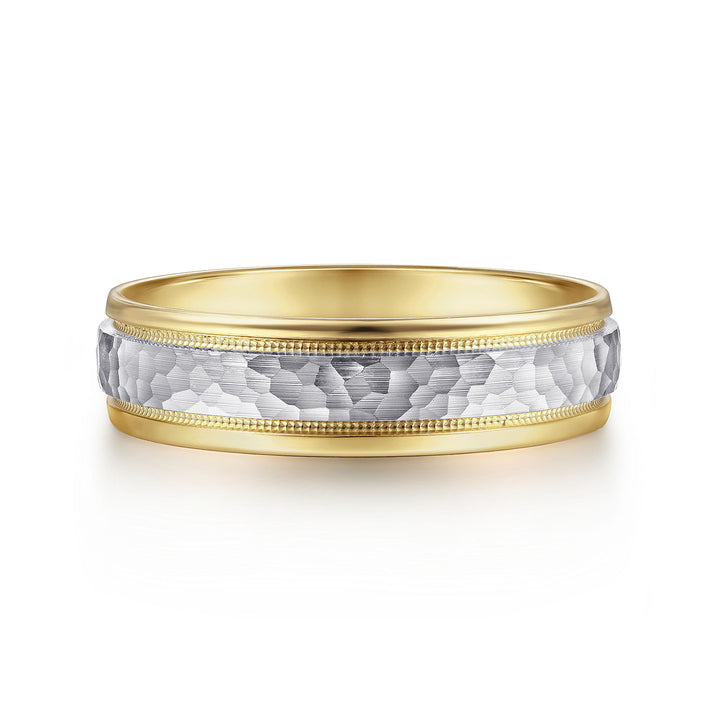 Gabriel & Co. MBM0176 60M4JJJ 14K White Yellow Gold 6mm   Hammered Center Milgrain Channel Men's Wedding Band