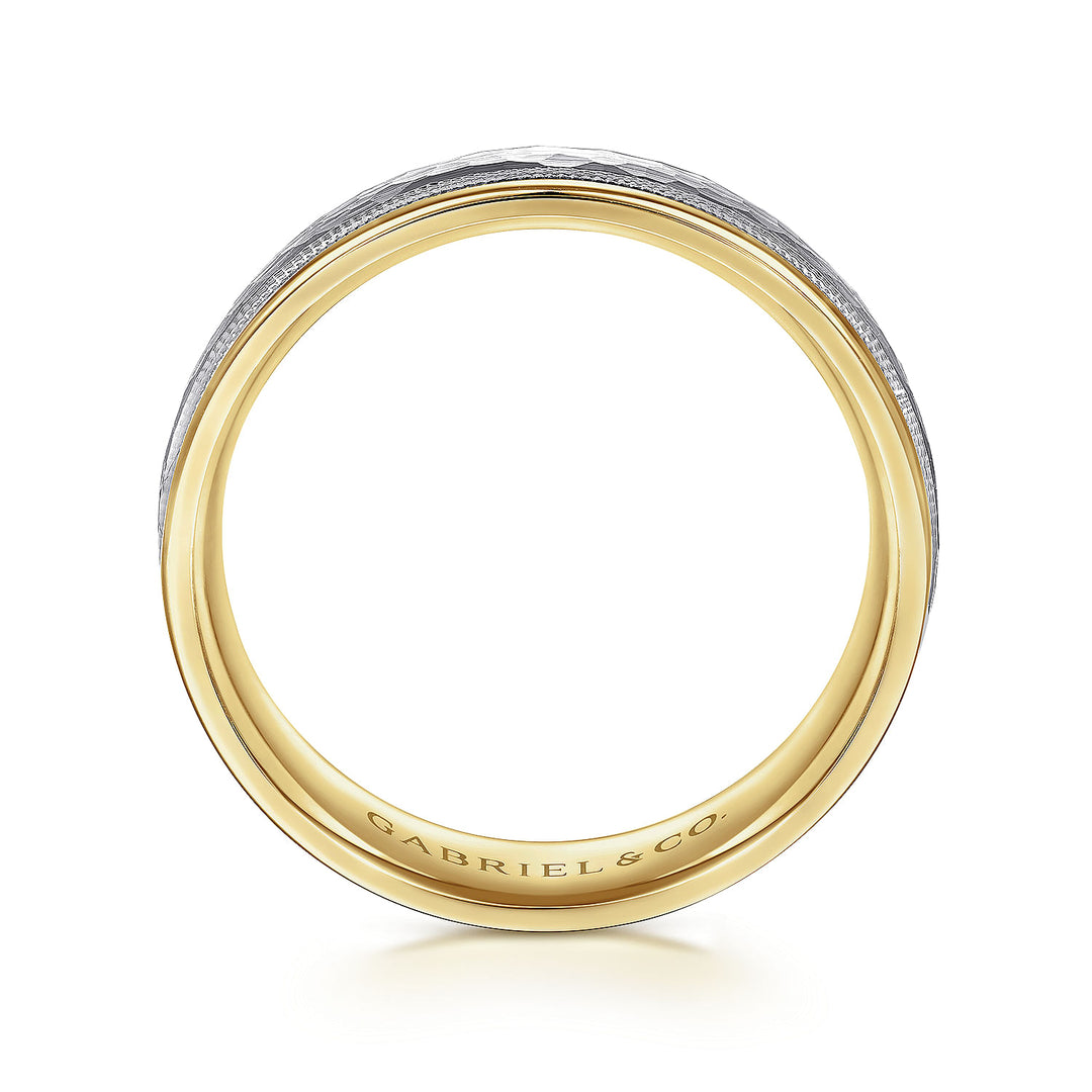Gabriel & Co. MBM0176 60M4JJJ 14K White Yellow Gold 6mm   Hammered Center Milgrain Channel Men's Wedding Band
