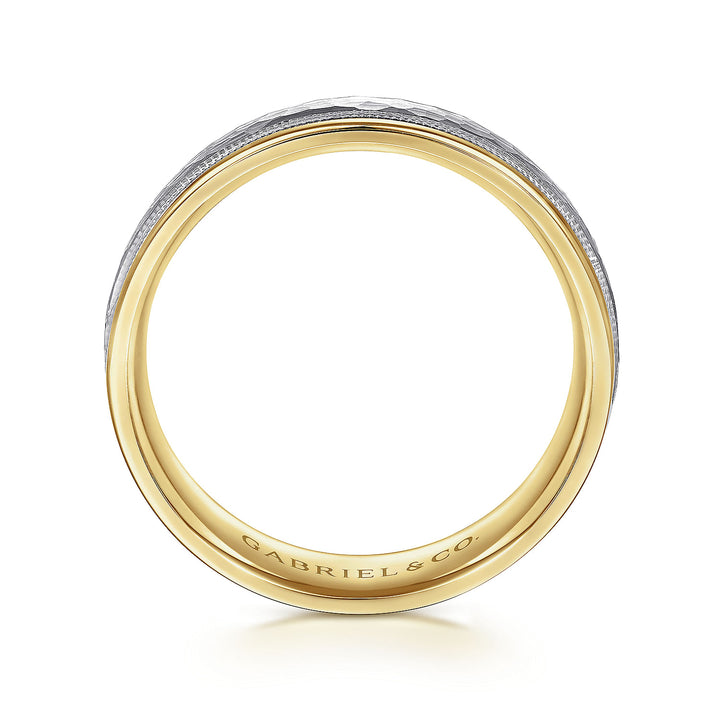 Gabriel & Co. MBM0176 60M4JJJ 14K White Yellow Gold 6mm   Hammered Center Milgrain Channel Men's Wedding Band