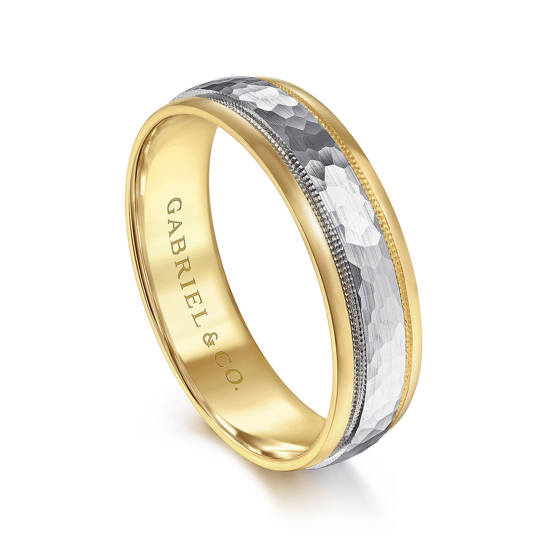 Gabriel & Co. MBM0176 60M4JJJ 14K White Yellow Gold 6mm   Hammered Center Milgrain Channel Men's Wedding Band
