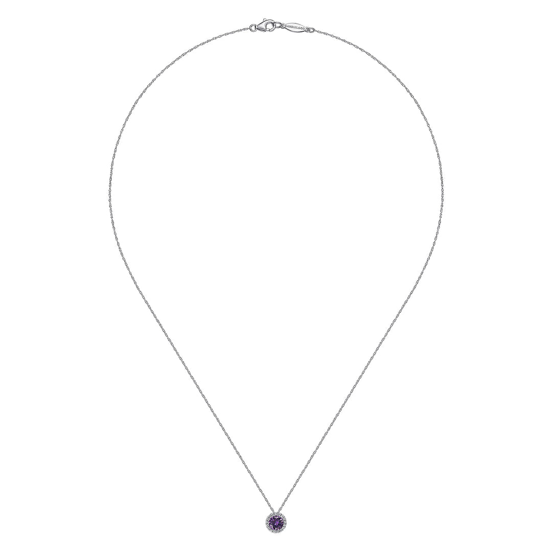 Gabriel & Co. NK2824W45AM 14K White Gold Amethyst and Diamond Halo Pendant Necklace