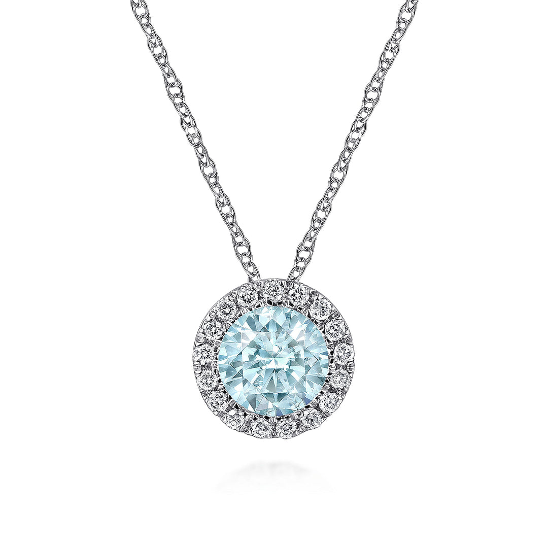 Gabriel & Co. NK2824W45AQ 14K White Gold Aquamarine and Diamond Halo Pendant Necklace