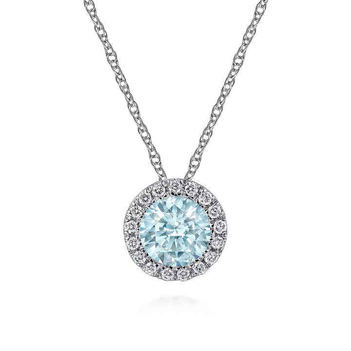 Gabriel & Co. NK2824W45AQ 14K White Gold Aquamarine and Diamond Halo Pendant Necklace