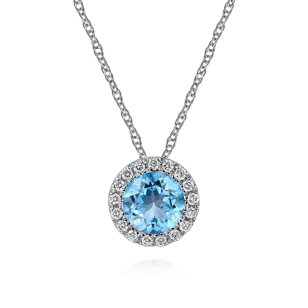 Gabriel & Co. NK2824W45BT 14K White Gold Round Swiss Blue Topaz and Diamond Halo Pendant Necklace