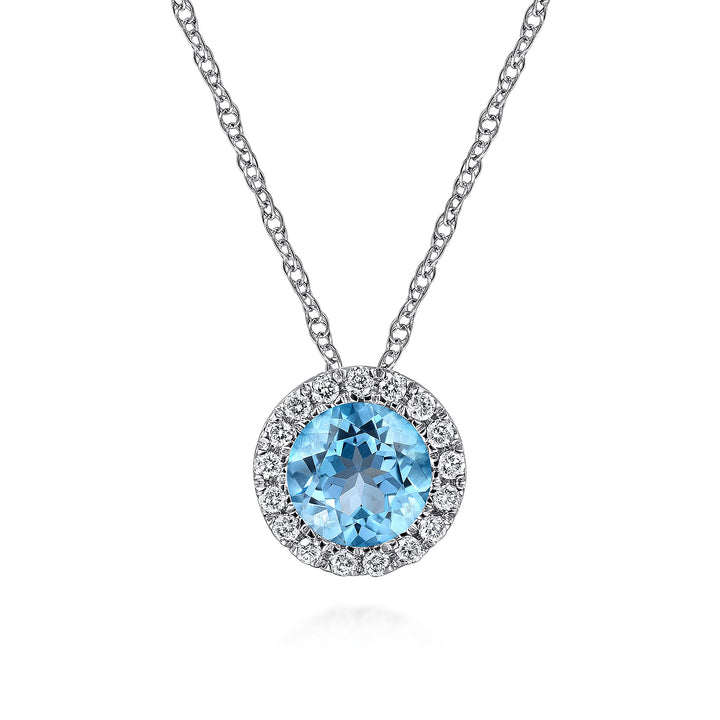 Gabriel & Co. NK2824W45BT 14K White Gold Round Swiss Blue Topaz and Diamond Halo Pendant Necklace