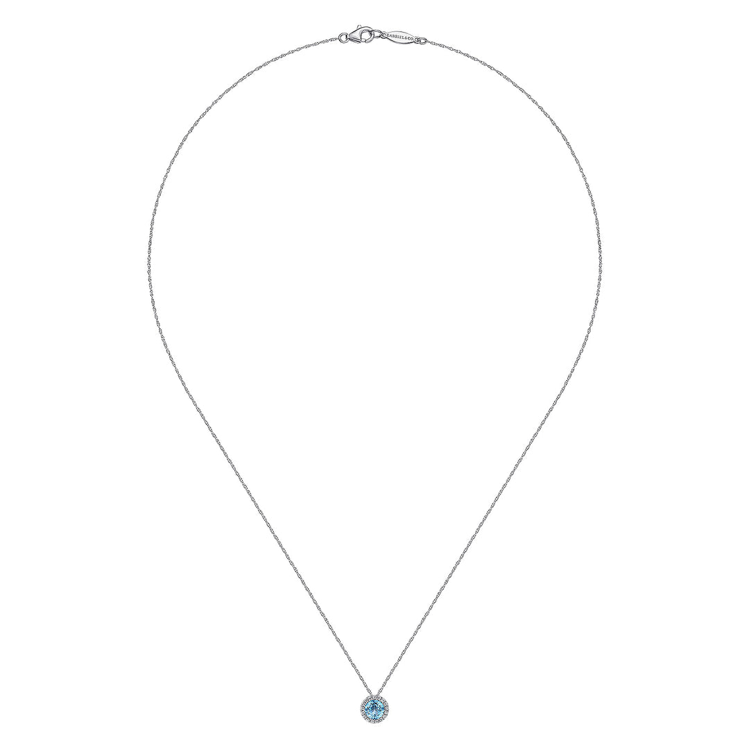 Gabriel & Co. NK2824W45BT 14K White Gold Round Swiss Blue Topaz and Diamond Halo Pendant Necklace